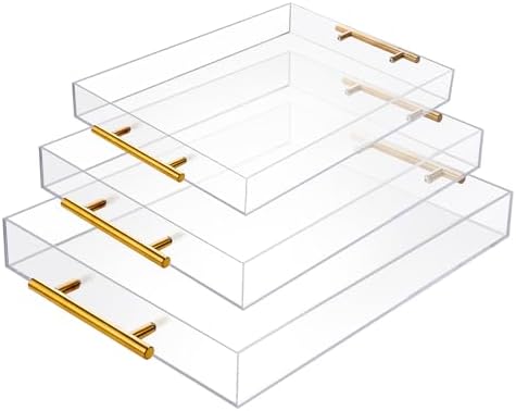 3 Pack Acrylic Serving Tray with Gold Handles, Spill-Proof Acrylic