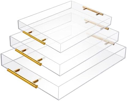 3 Pack Acrylic Serving Tray with Gold Handles, Spill-Proof Acrylic