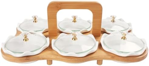 Ceramic Serving Dishes with glass Lids and Bamboo Platter, 6 Removable