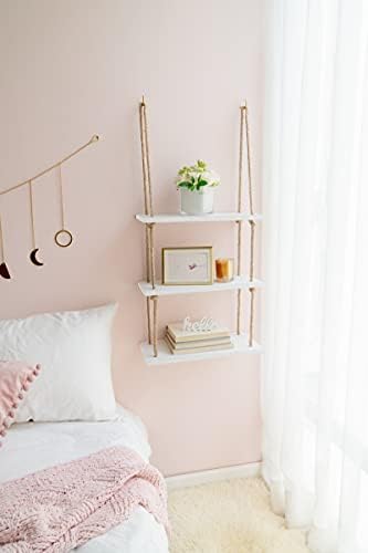 Mkono Hanging Shelves 3 Tier White Wood Wall Mount Floating Shelf with
