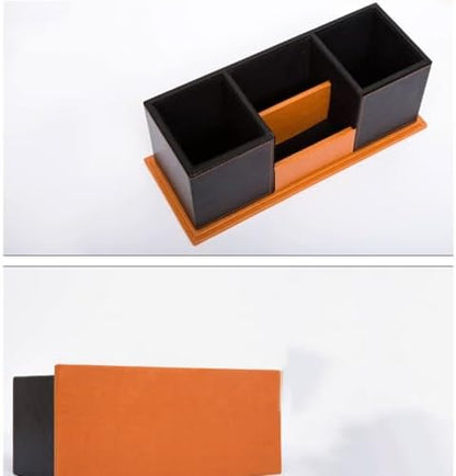 Leather Wood Pen Holder with Business Card Slot, Double-Layer Modern