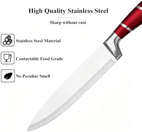 9Pcs Premium Red Kitchen Knife Set with Block,Cutlery Set for Women
