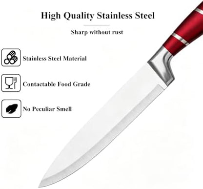 9Pcs Premium Red Kitchen Knife Set with Block,Cutlery Set for Women