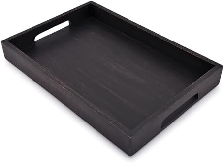 EDHAS Acacia Wood Rectangle Black Serving Tray for Breakfast Dinner