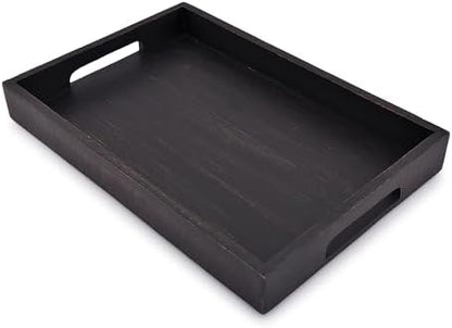 EDHAS Acacia Wood Rectangle Black Serving Tray for Breakfast Dinner