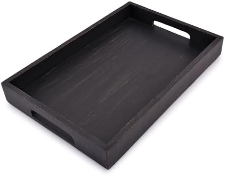 EDHAS Acacia Wood Rectangle Black Serving Tray for Breakfast Dinner