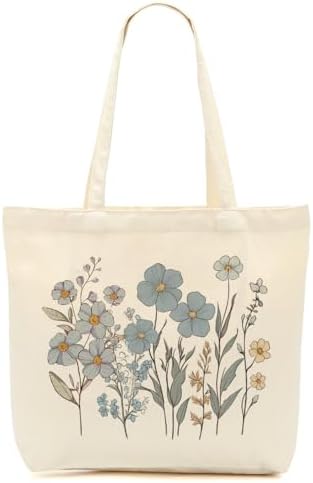 Aesthetic Floral Canvas Tote Bag for Women with Pocket, Tote Bags for