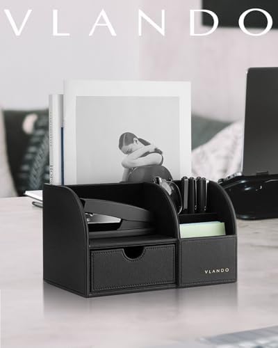 VLANDO Desk Organizer, 6-Compartment Faux Leather Desk Storage with