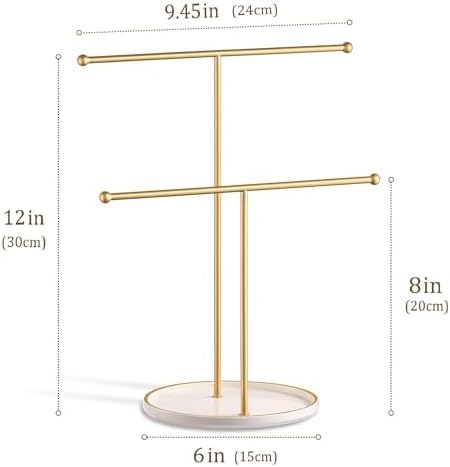 Jewelry Stand with Ceramic Tray, Necklace Holder, Gold Bar White Base