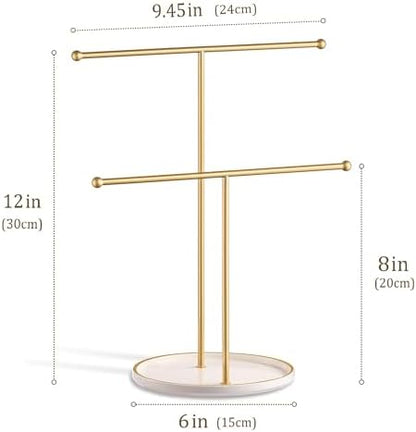 Jewelry Stand with Ceramic Tray, Necklace Holder, Gold Bar White Base