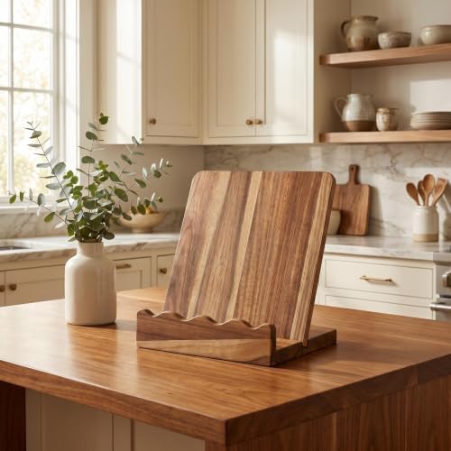 Scalloped Acacia Wood Cookbook Stand, Recipe Book Holder Keeps Pages