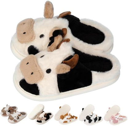 Cute Cartoon Cow Animal Fuzzy Slippers for Women,Warm Plush Winter