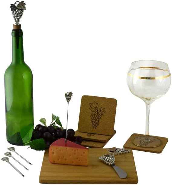 Wine and Grape Themed Cutting Board Gift Set with 4 Coasters, 4 Cheese Fork Picks, Bottle Stopper, and a Cheese Knife in Silver