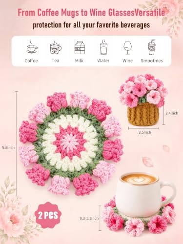 Crochet Flower Bouquet Coasters, Cotton Tulip Gift for Home Decor 2Pcs
