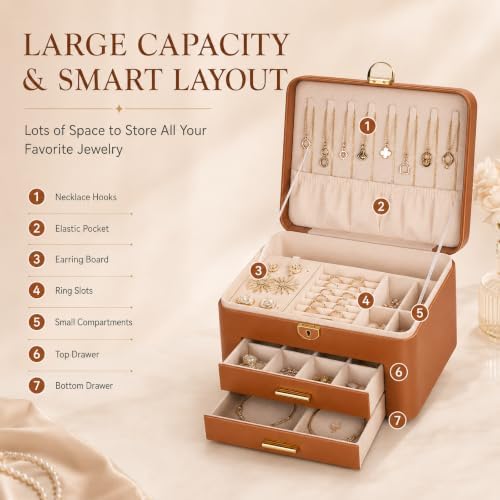 Large Jewelry Box for Women, 3-Layer Organizer with 2 Drawers