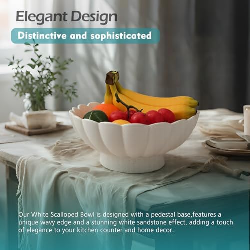 Large Fruit Bowl for Kitchen Counter-10.6" White Ceramic Fluted