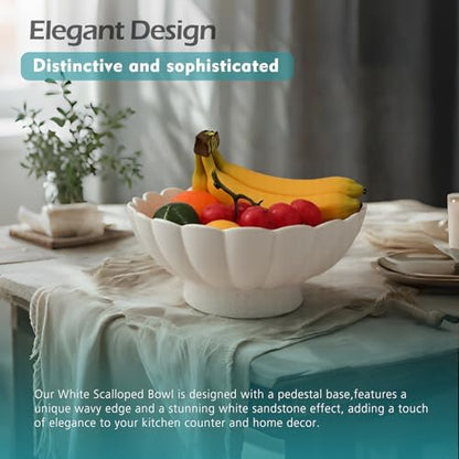 Large Fruit Bowl for Kitchen Counter-10.6" White Ceramic Fluted