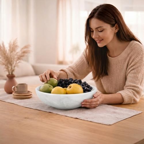 Radicaln Marble Fruit Bowl for Kitchen Counter, 10" White Decorative