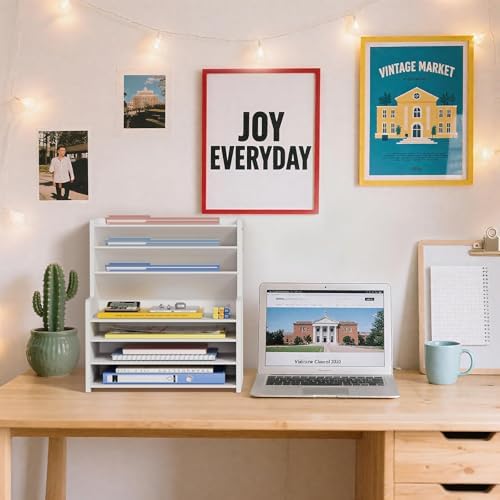 7 Tier White Desk Organizer for Office Organization, Wood Paper