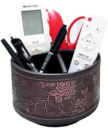 PU Leather Round TV Remote Control Holder for Table,360° Swivel Office