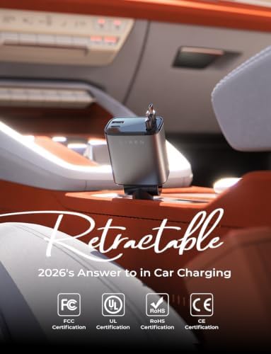 LISEN Retractable Car Charger, 84W Car Charger USB C Fast Charge, 4 in