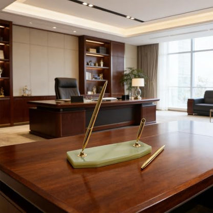 Executive Pen Holder - Natural Onyx Stone Dual Pen Stand for Reception