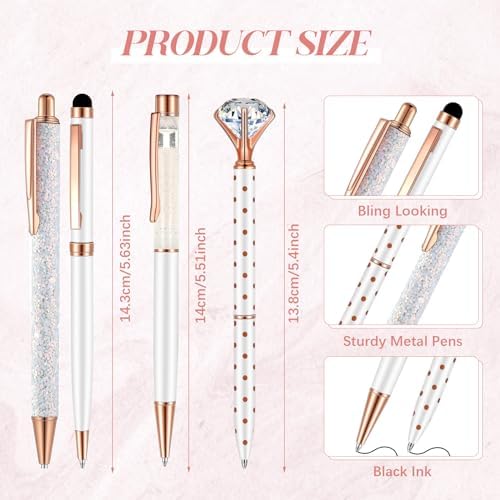 Sabary 8 Pcs White Diamond Pens with Glitter Desk Pen Holder for Women