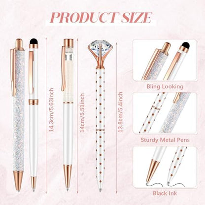 Sabary 8 Pcs White Diamond Pens with Glitter Desk Pen Holder for Women