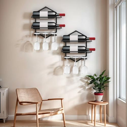 Wall Mounted Wine Rack, 2-Pack Black Metal, 4-Bottle Holder with