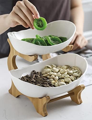 Liywall - 2 Tier Ceramic Fruit Bowl With Bamboo Wood Stand for Kitchen