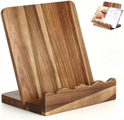 Scalloped Acacia Wood Cookbook Stand, Recipe Book Holder Keeps Pages