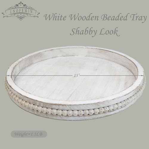 Round Wood Serving Tray with Beads, White Washed Wooden Decorative