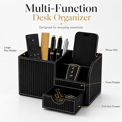 KINGFOM Executive Leather Desk Organizer with Drawer, Modern Black