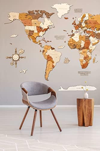 Wooden World map wall decoration - multilayer, multicolor stained
