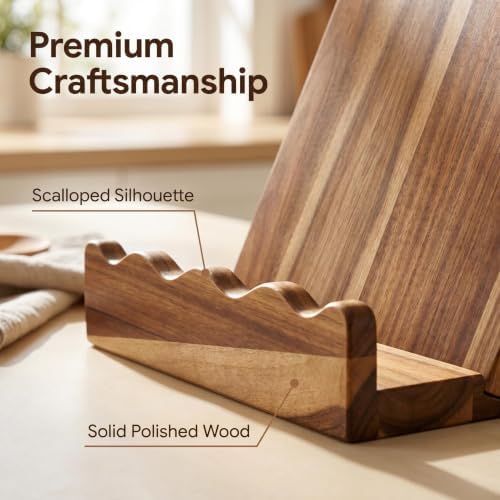 Scalloped Acacia Wood Cookbook Stand, Recipe Book Holder Keeps Pages