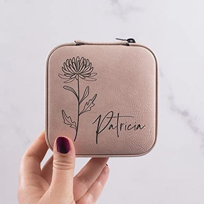 Custom Leather Jewelry Box w/Name & Birth Flower Month - Birthday