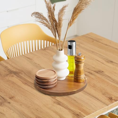 10 Inch Acacia Wood Round Tray, Wooden Decorative Coffee Table Tray