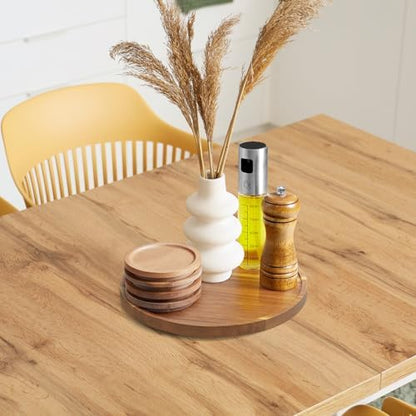 10 Inch Acacia Wood Round Tray, Wooden Decorative Coffee Table Tray
