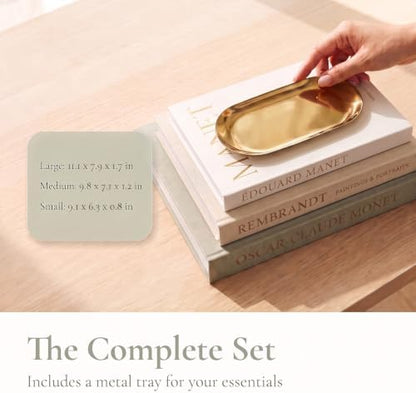 Aesthetic Decorative Books - Set of 3 with Gold Metal Tray, Linen Fake
