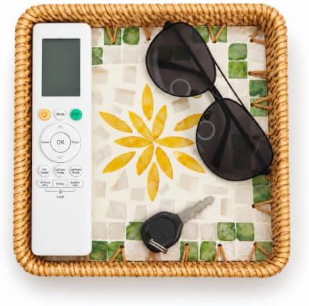 Shell Inlay Rattan Tray, 8.66 in Square Entryway Key Basket (Yellow)