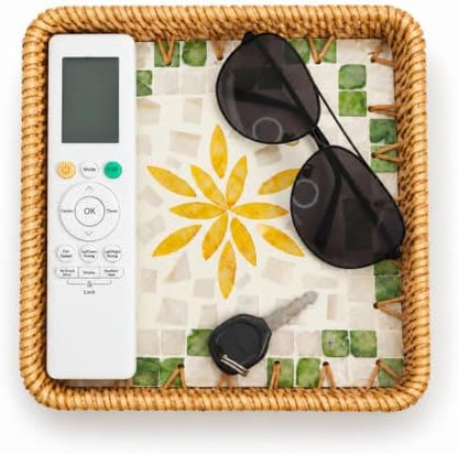 Shell Inlay Rattan Tray, 8.66 in Square Entryway Key Basket (Yellow)