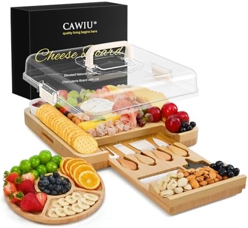 CAWIU Bamboo Charcuterie Board Set with Lid, Drawer and Fruit Tray