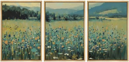 IDEA4WALL Framed Canvas Print Wall Art Set Blooming Wildflower Meadow