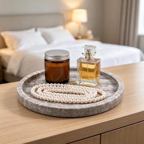 Round Marble Vanity Tray, Gray Travertine,Natural Marble Stone