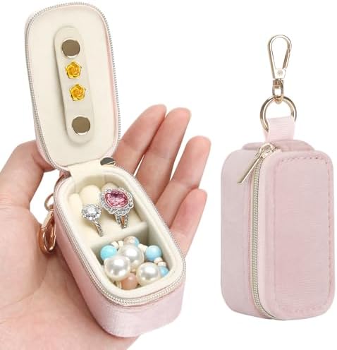 KUKUVR Mini Velvet Travel Jewelry Box with Keychain (Pink)