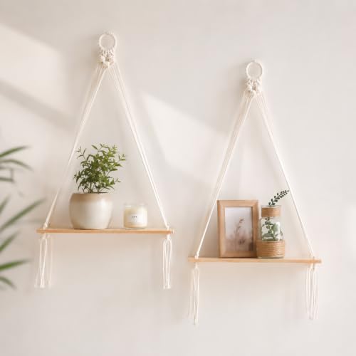 Artilady Boho Shelf Wall Decor Macrame Hanging Floating Shelves for