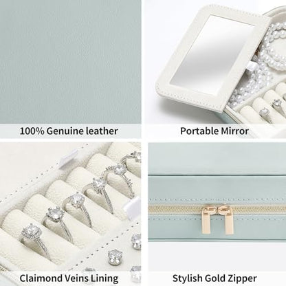 Genuine Leather Travel Jewelry Organizer Case Box with Mirror for