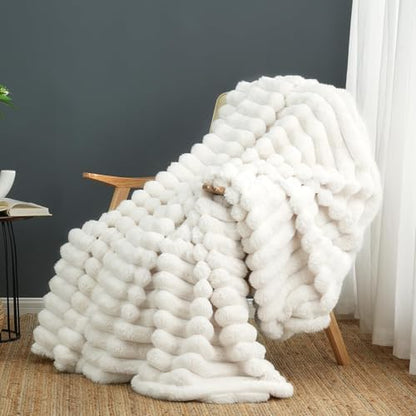 Cozy Bliss Faux Fur Throw Blanket for Couch, Cozy Warm Plush Striped
