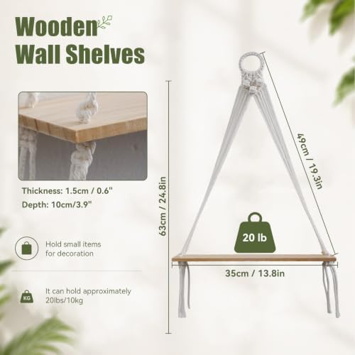 Artilady Boho Shelf Wall Decor Macrame Hanging Floating Shelves for
