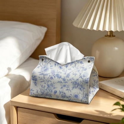 UTELKA Blue Flroal Rectangle Tissue Box Cover PU Tissue Holder 9.8x6x7